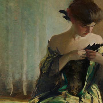 A zoomed-in view highlighting the delicate brushstrokes, rich textures, and deep green hues of the woman’s gown, giving the artwork an authentic oil painting appearance.