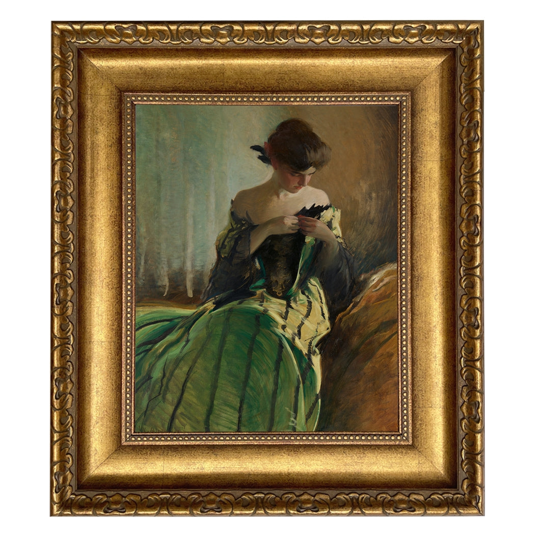 A stunning reproduction print of John White Alexander’s oil painting, featuring a woman in a flowing black and green dress, elegantly framed and displayed against a dark, moody backdrop.