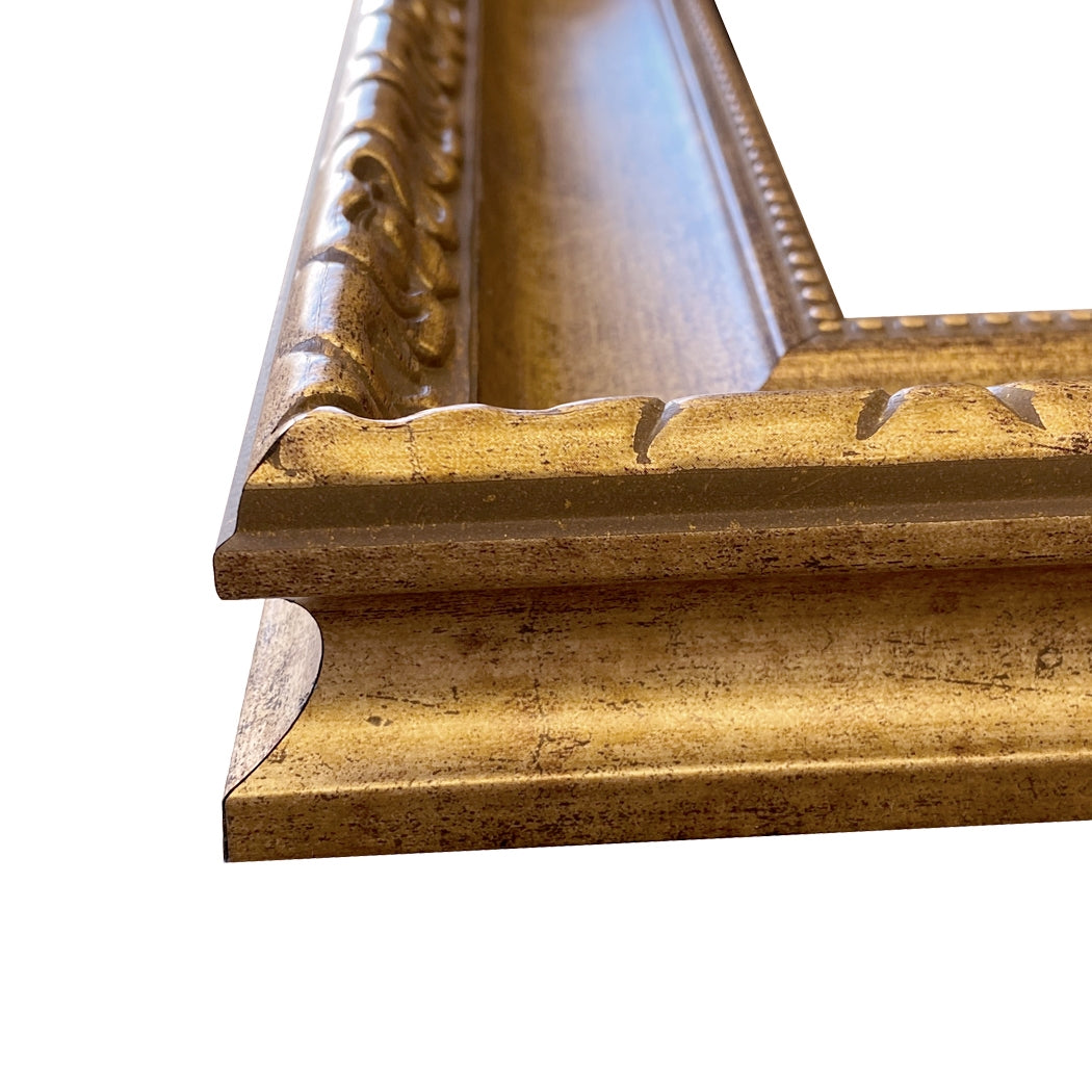 A profile angle showcasing the depth and quality of the custom frame, along with the board-mounted matte canvas.