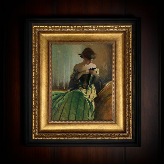 A stunning reproduction print of John White Alexander’s oil painting, featuring a woman in a flowing black and green dress, elegantly framed and displayed against a dark, moody backdrop.