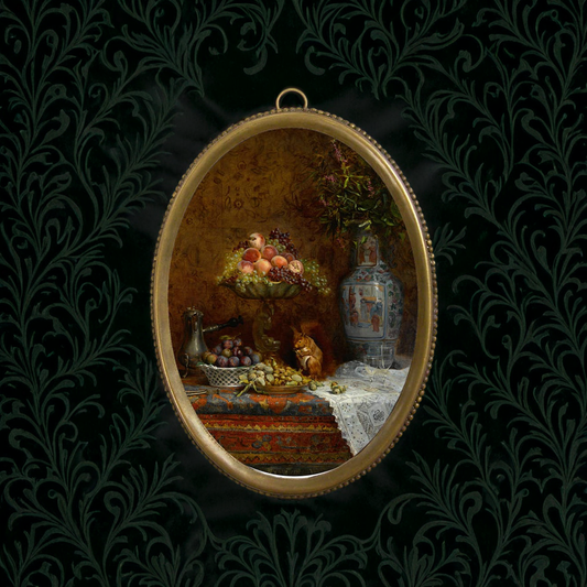 A small, antique-style framed artwork featuring a still life painting of a vase, fruit, and a squirrel. The painting is encased behind glass in an ornate, antiqued beaded brass frame.