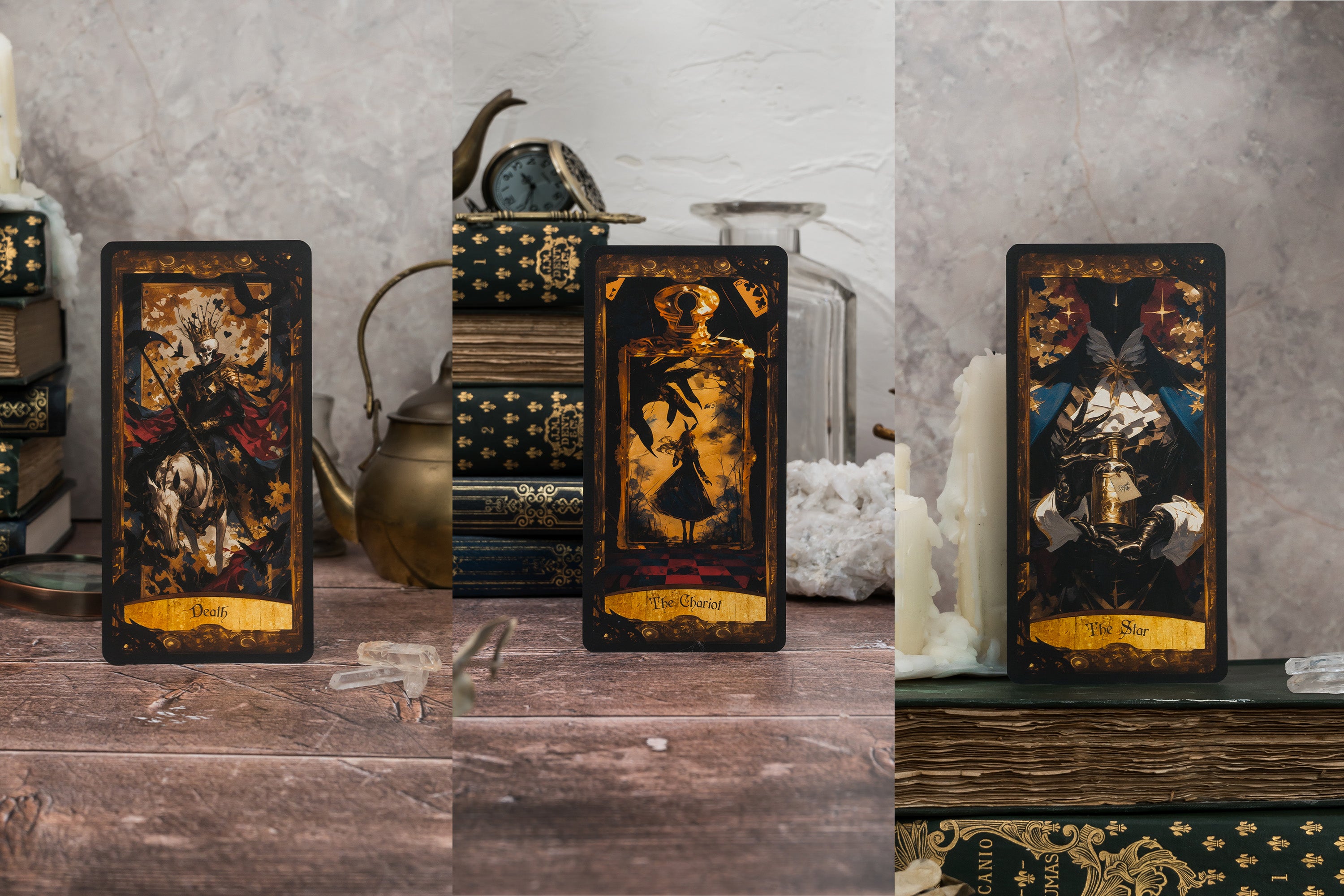 A whimsical banner featuring three cards from the Wonderland Shadows Tarot Deck. The cards are beautifully illustrated in a Victorian-inspired style, showcasing vibrant imagery of Alice, the Cheshire Cat, and the Queen of Hearts. The gold foil edges catch the light, adding a touch of luxury, while the rich, intricate details draw viewers into the enchanting world of Wonderland.