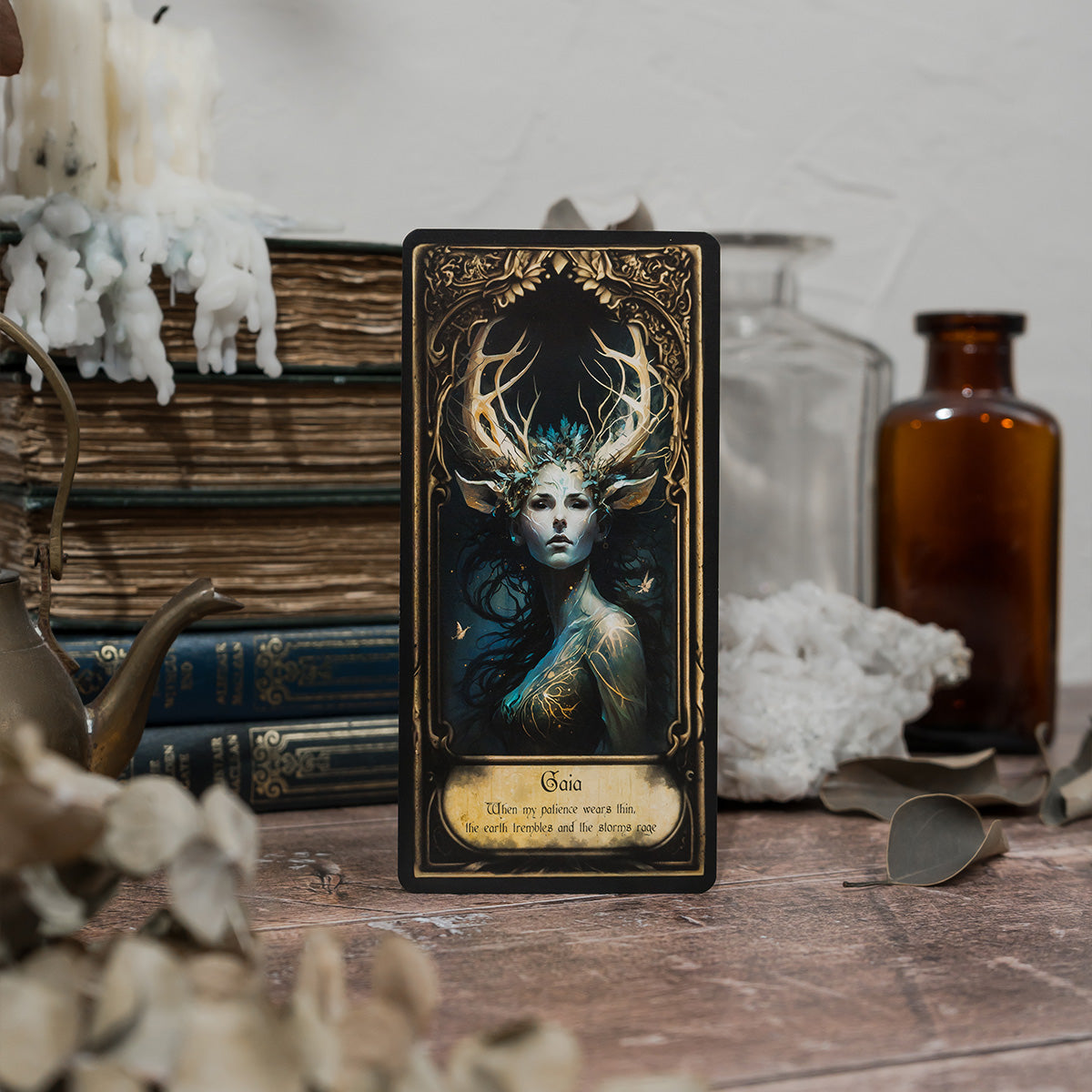 Gaia card from the Obsidian Veil Oracle Deck, depicting the earth goddess with lush, vibrant artwork that celebrates the natural world and its abundant life force.