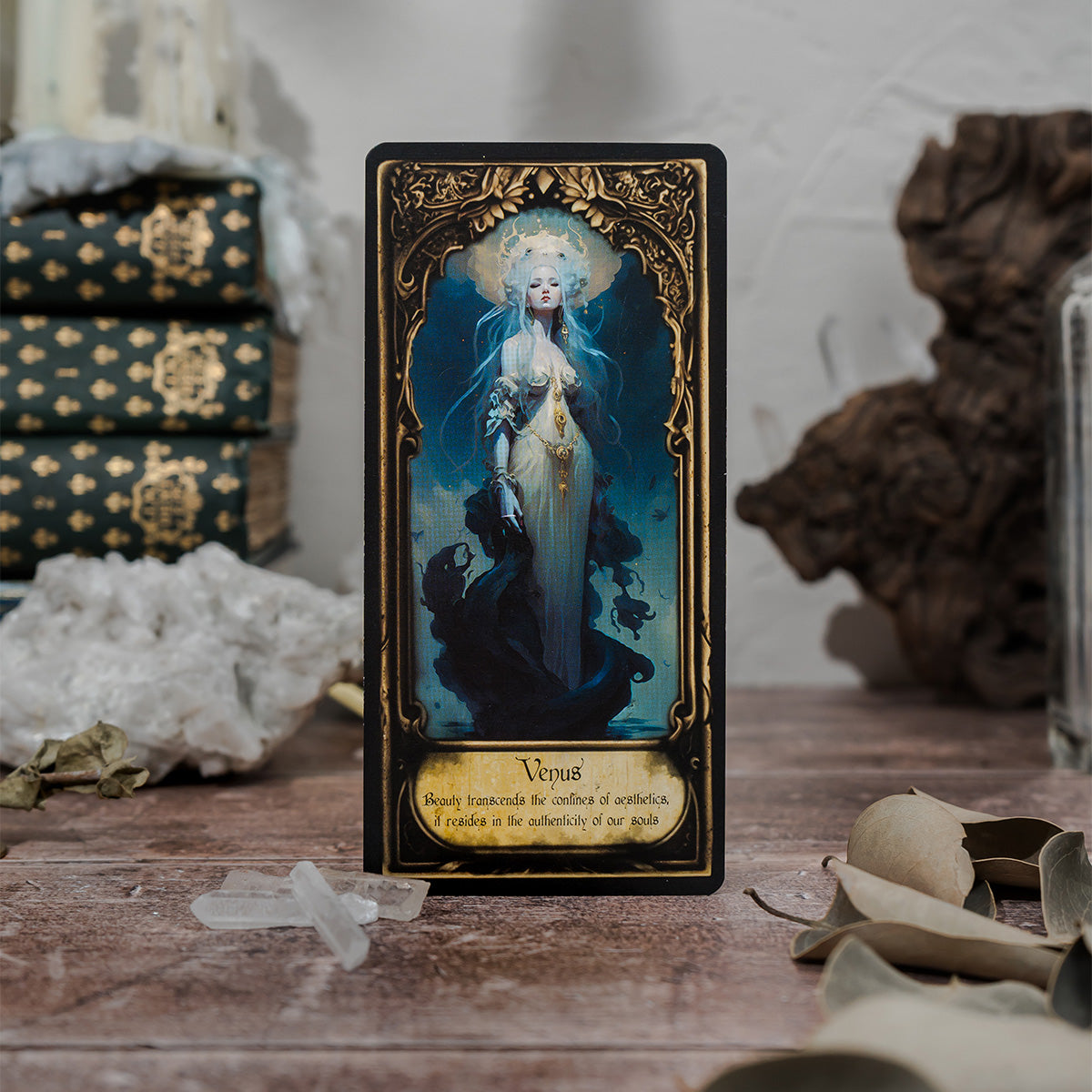 Venus card from the Obsidian Veil Oracle Deck, featuring a beautiful and elegant representation of the goddess of love, surrounded by soft, flowing lines and enchanting details.