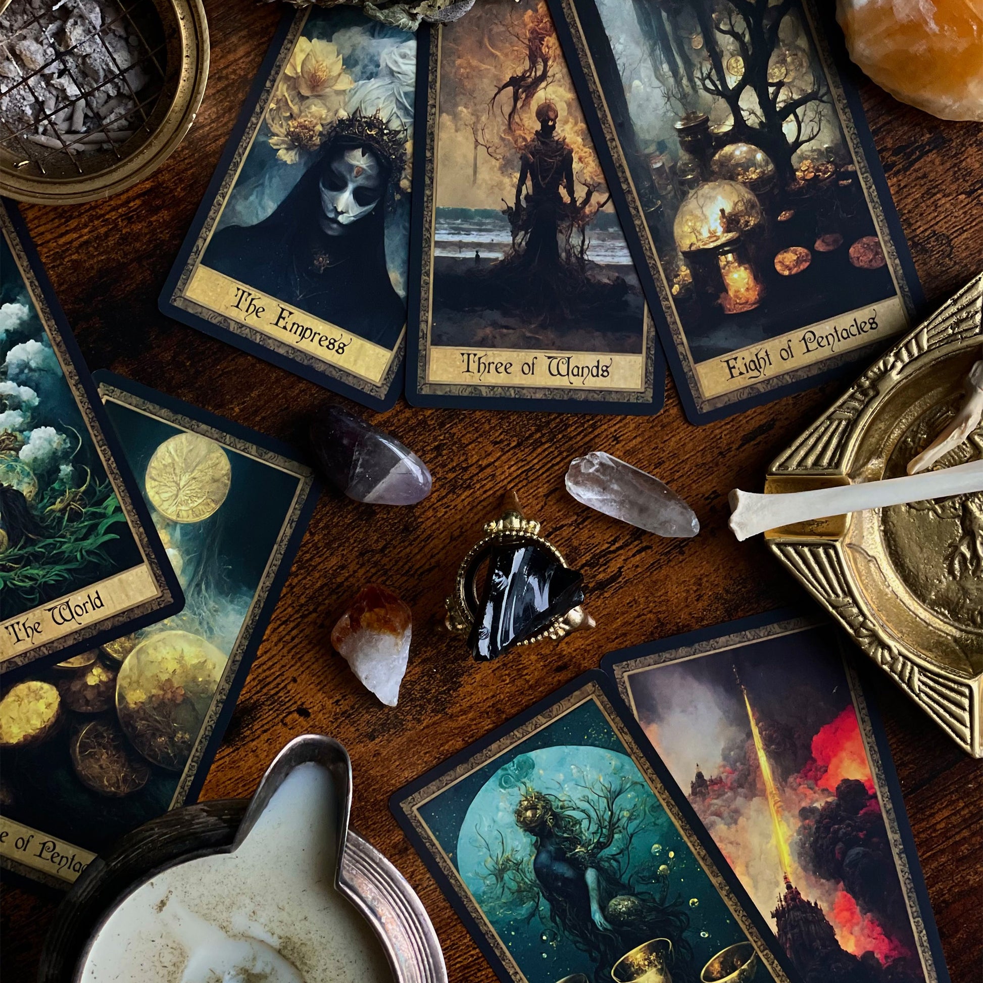 Complete spread of the Shadow Work Tarot Deck, showcasing 78 beautifully illustrated cards with a Victorian-era, antique look, ideal for deep spiritual insights and guidance.