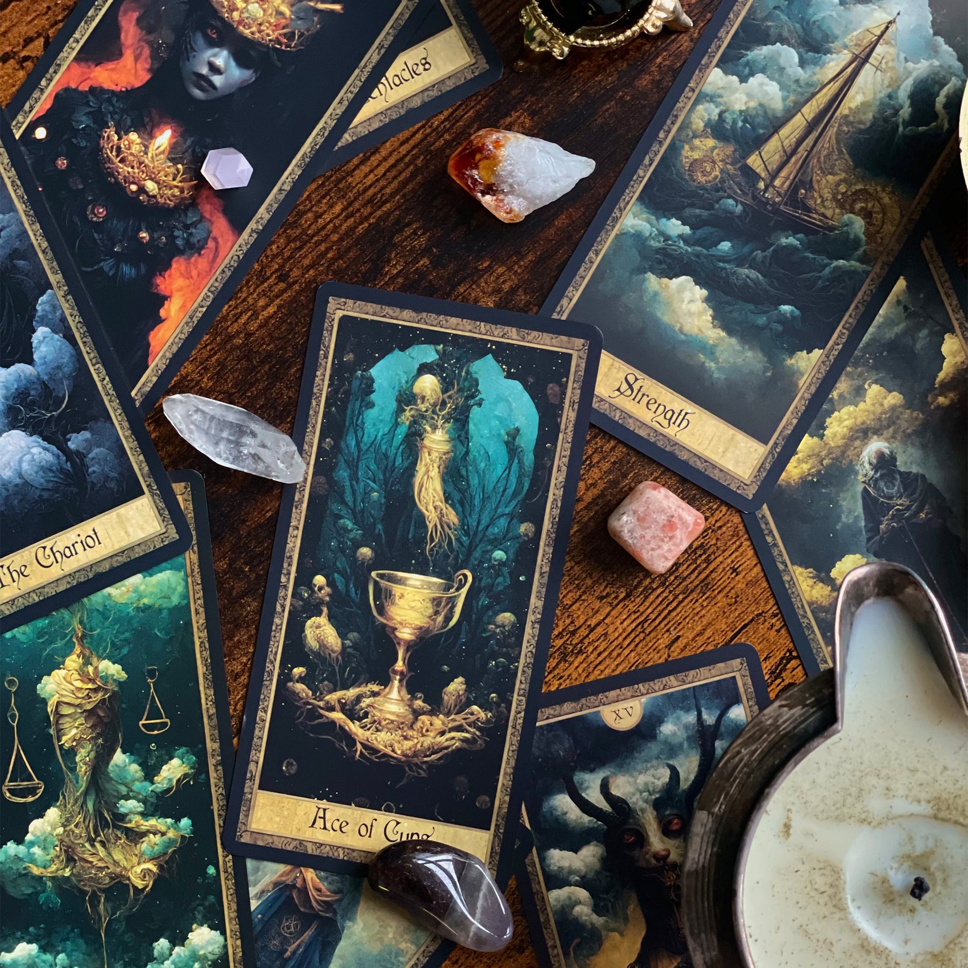 Complete spread of the Shadow Work Tarot Deck, showcasing 78 beautifully illustrated cards with a Victorian-era, antique look, ideal for deep spiritual insights and guidance.