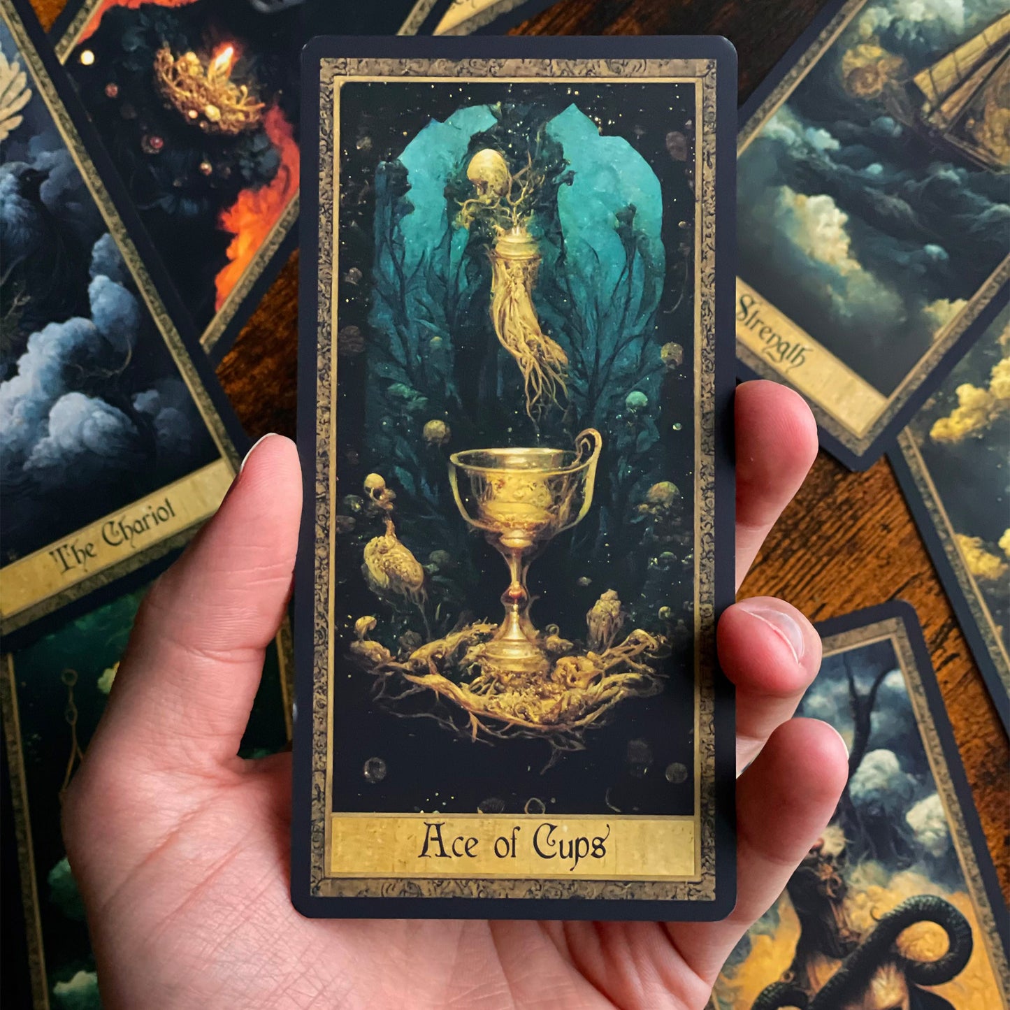 Hand holding a card from the Shadow Work Tarot Deck during a tarot reading, with soft lighting and a background of Victorian-era decor, emphasizing the deck's use in personal reflection and spiritual practice.