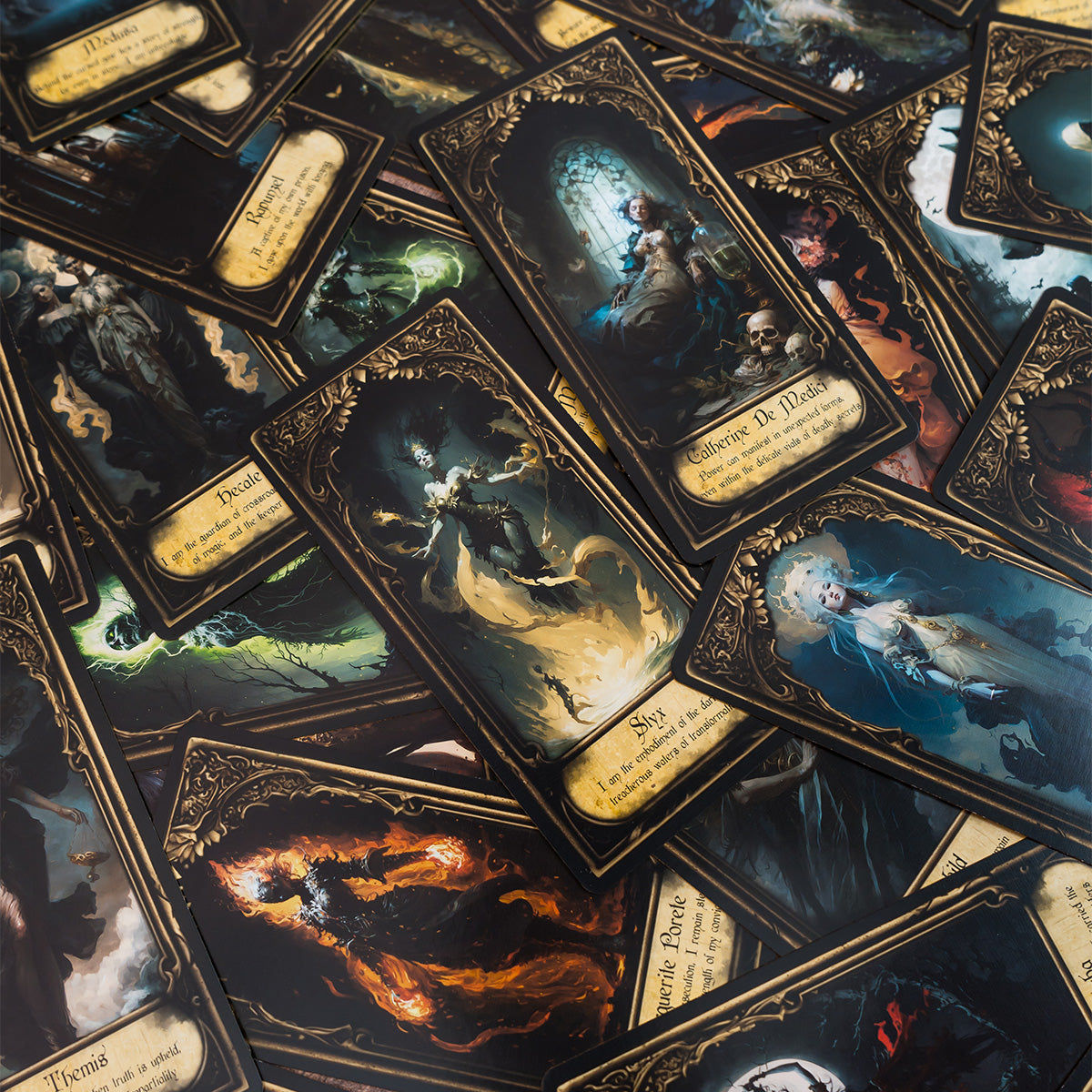Photo of a selection of cards from the Obsidian Veil Oracle Deck scattered across a surface, highlighting the deck's diverse and captivating illustrations, each imbued with deep spiritual symbolism.