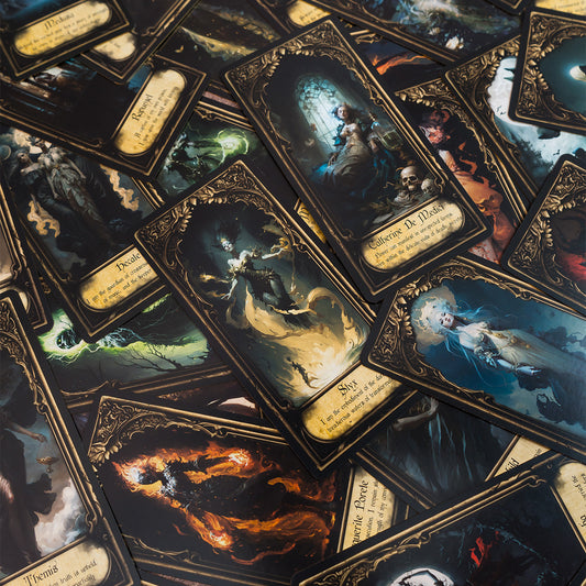 Photo of a selection of cards from the Obsidian Veil Oracle Deck scattered across a surface, highlighting the deck's diverse and captivating illustrations, each imbued with deep spiritual symbolism.