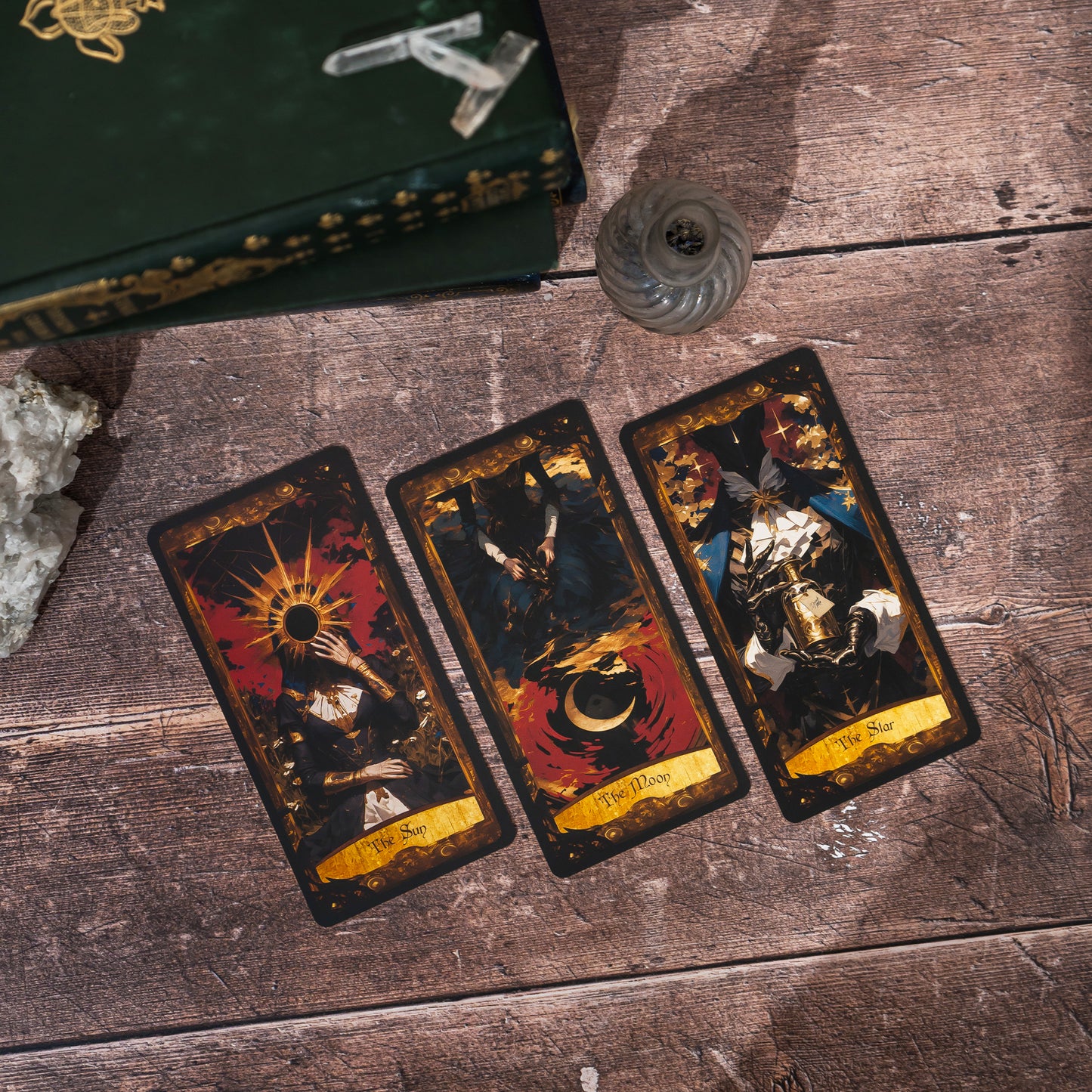A three-card spread from the Wonderland Shadows Tarot Deck, laid out with intricate designs and symbols, offering insight and guidance through the whimsical lens of Alice in Wonderland.