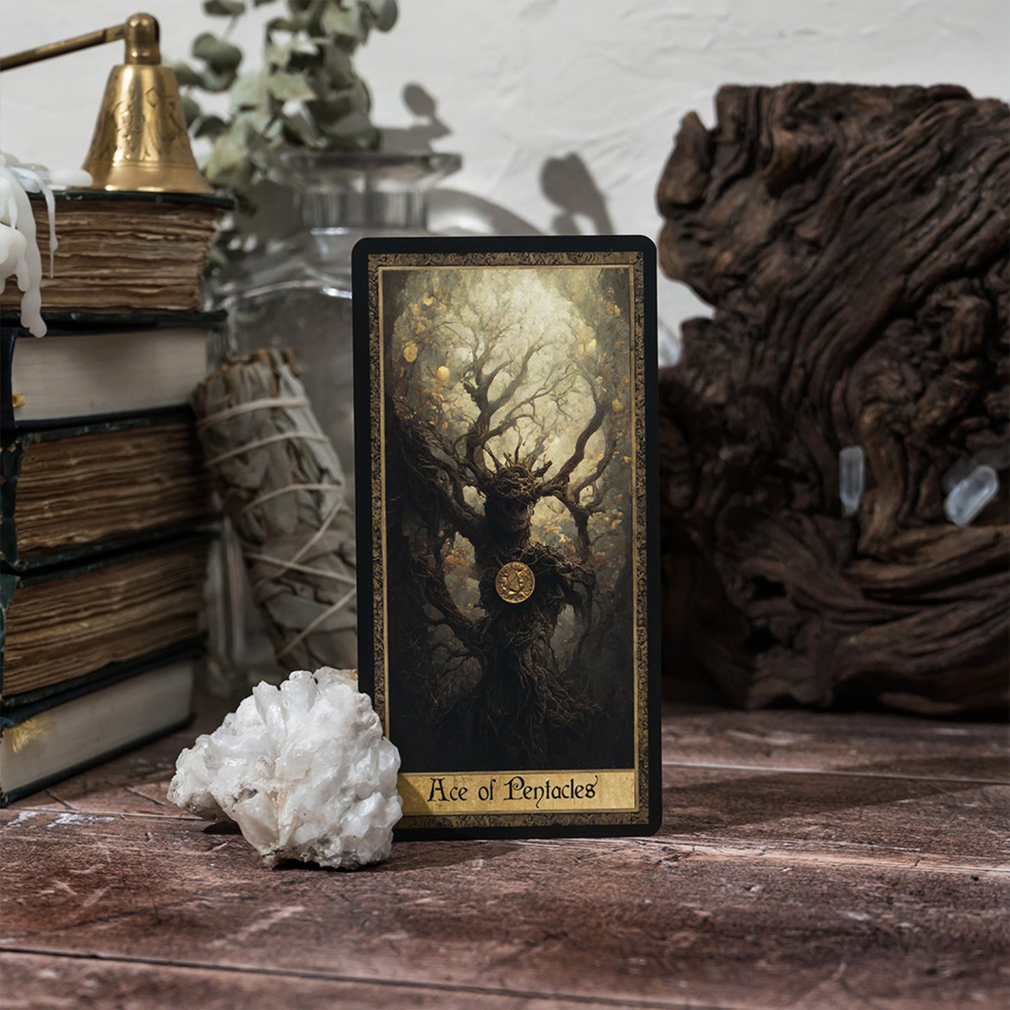 Detailed close-up of the Ace of Pentacles card from the Shadow Work Tarot Deck, highlighting the card's vivid, Victorian-inspired artwork and symbolism of intuition and inner wisdom.