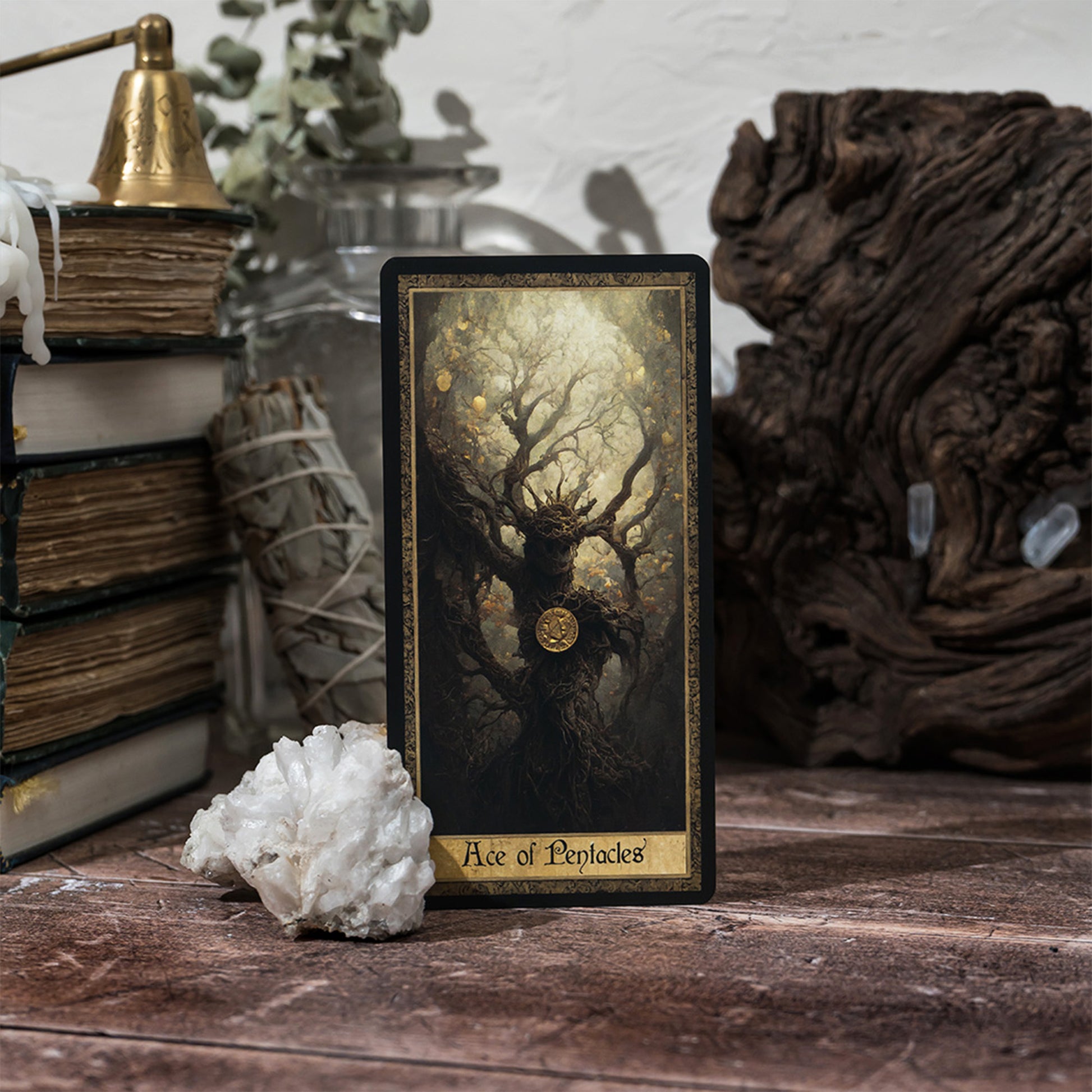 A longer-than-standard tarot deck with gold foil-edged cards showcasing intricate artwork focused on shadow work and inner healing. The cards are arranged next to an enhanced guidebook and a matching storage box.