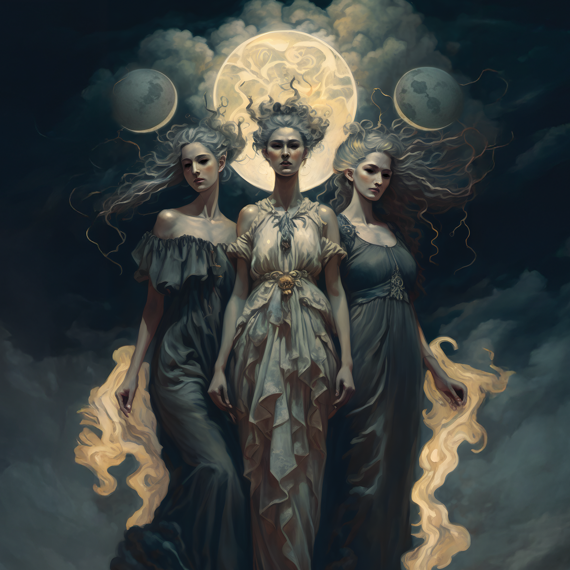 Three women in classical attire with a moonlit sky and celestial bodies in the background