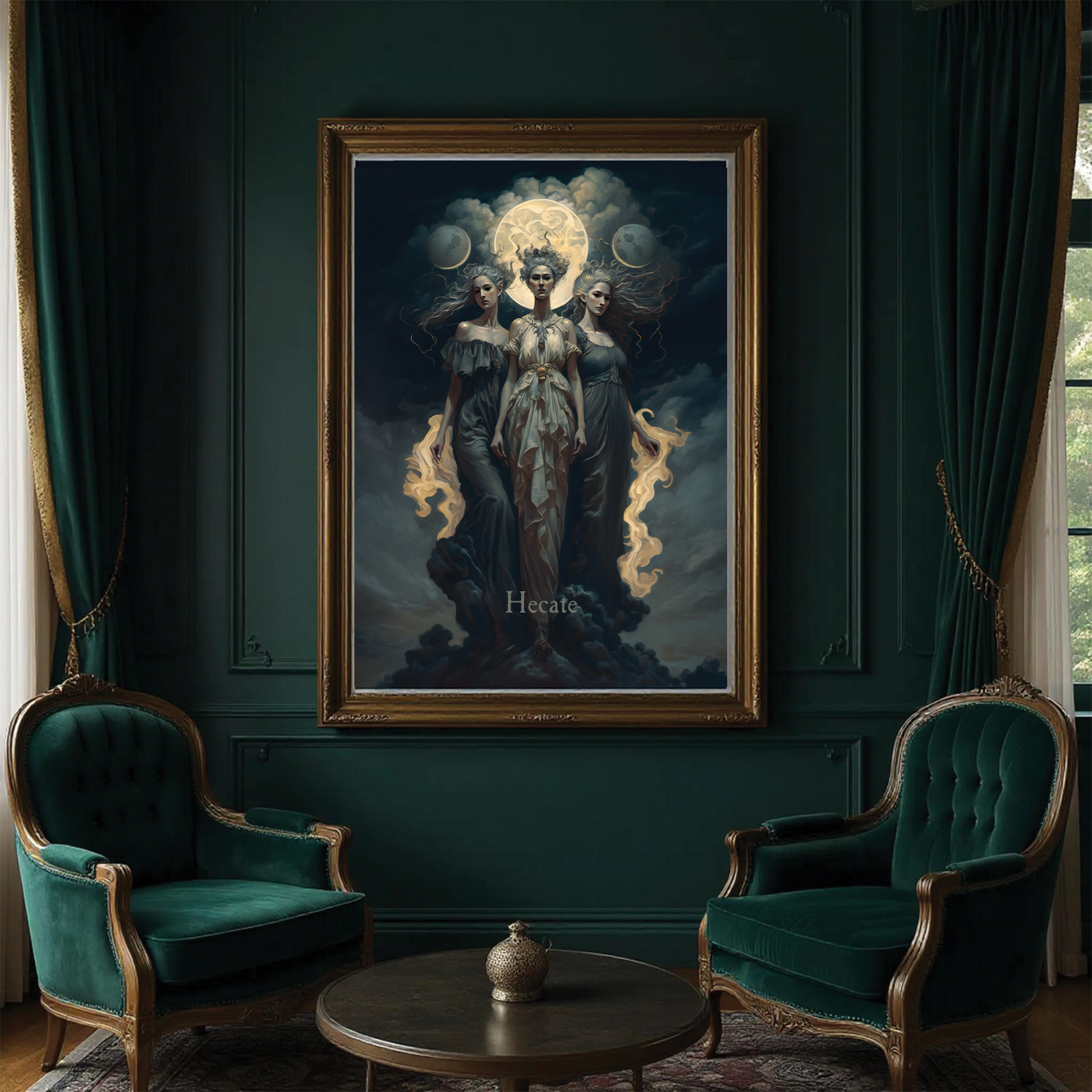 Framed artwork of a deity on a dark green wall with two green chairs and a small table.