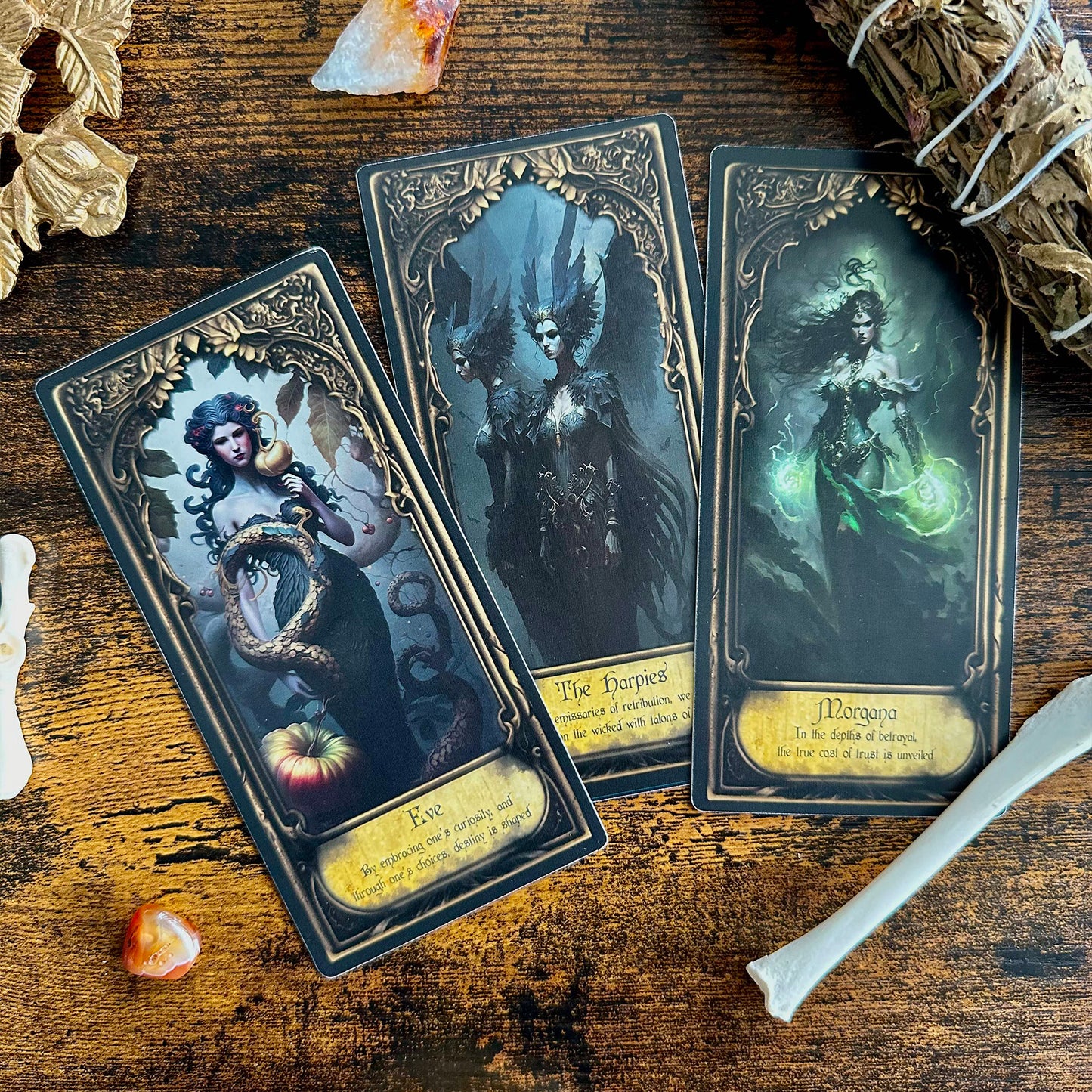 A spread of the Obsidian Veil Oracle Deck laid out for a reading, showcasing a selection of cards and their rich, symbolic artwork, ready to provide deep spiritual insights.