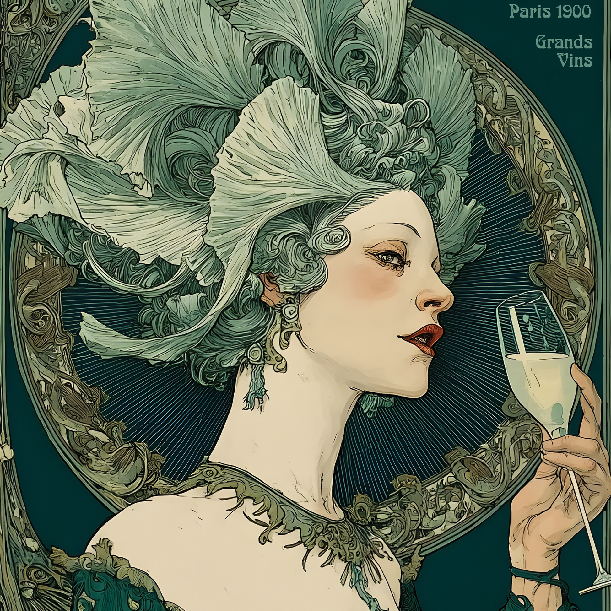 Artistic depiction of a woman with elaborate hair and a glass, set against a decorative background.