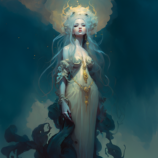 Venus with long white hair and a white dress against a dark blue background