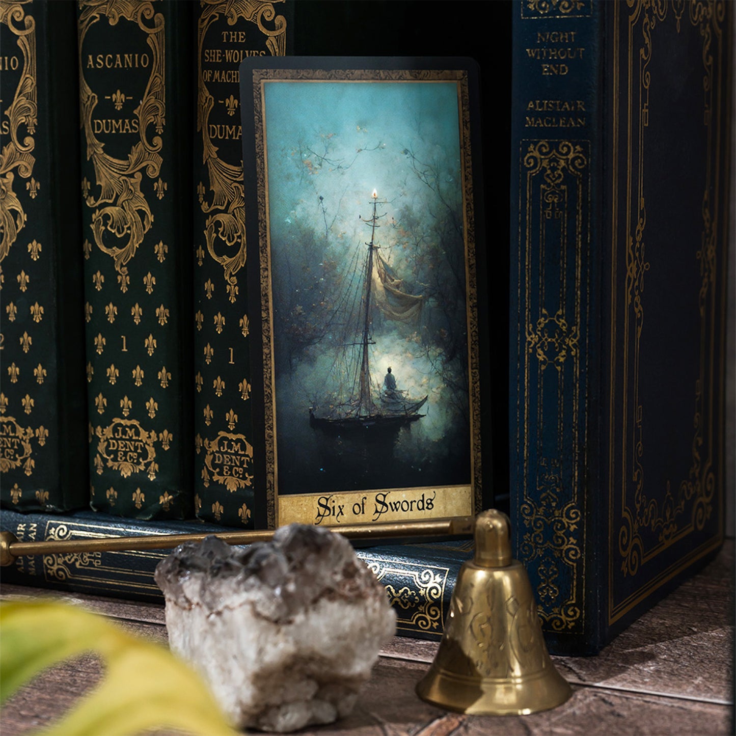 Hand holding a card from the Shadow Work Tarot Deck during a tarot reading, with soft lighting and a background of Victorian-era decor, emphasizing the deck's use in personal reflection and spiritual practice.