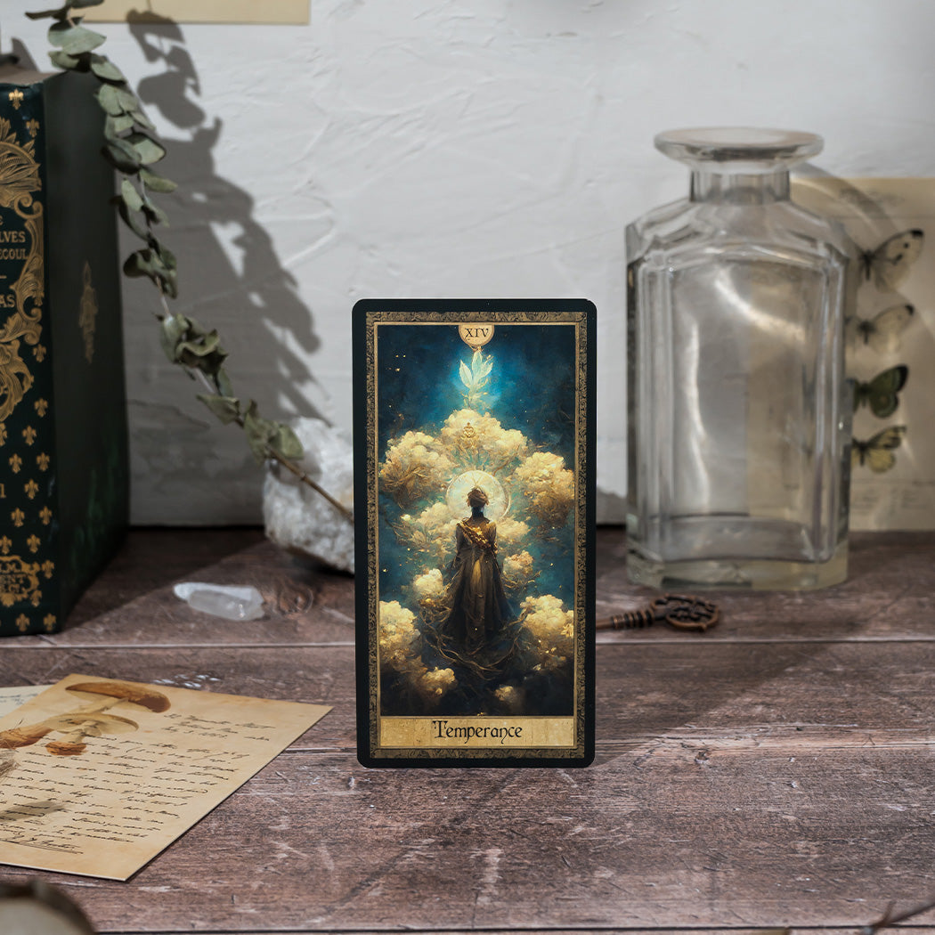 Detailed close-up of the Temperance card from the Shadow Work Tarot Deck, highlighting the card's vivid, Victorian-inspired artwork and symbolism of intuition and inner wisdom.