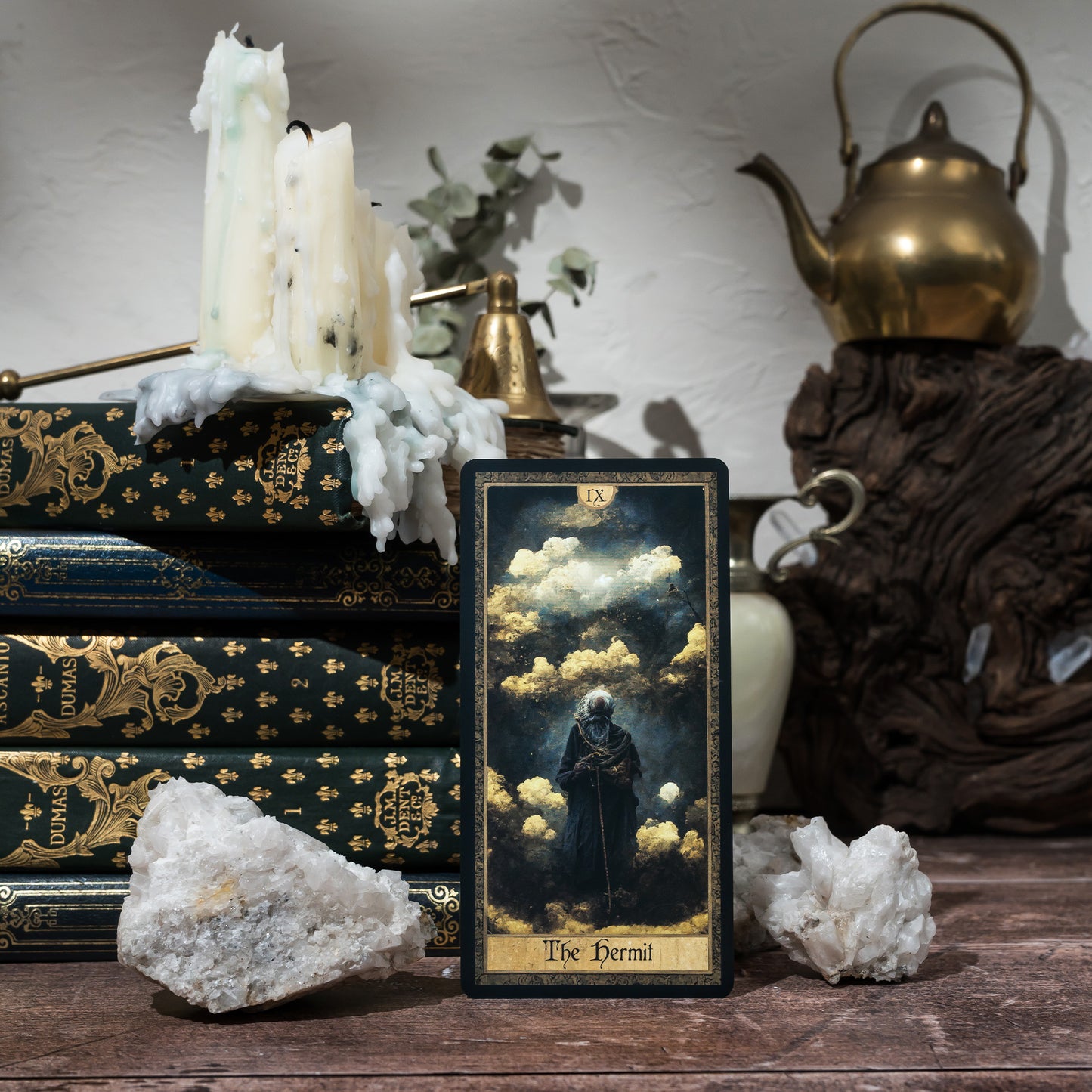 Detailed close-up of the Hermit card from the Shadow Work Tarot Deck, highlighting the card's vivid, Victorian-inspired artwork and symbolism of intuition and inner wisdom.