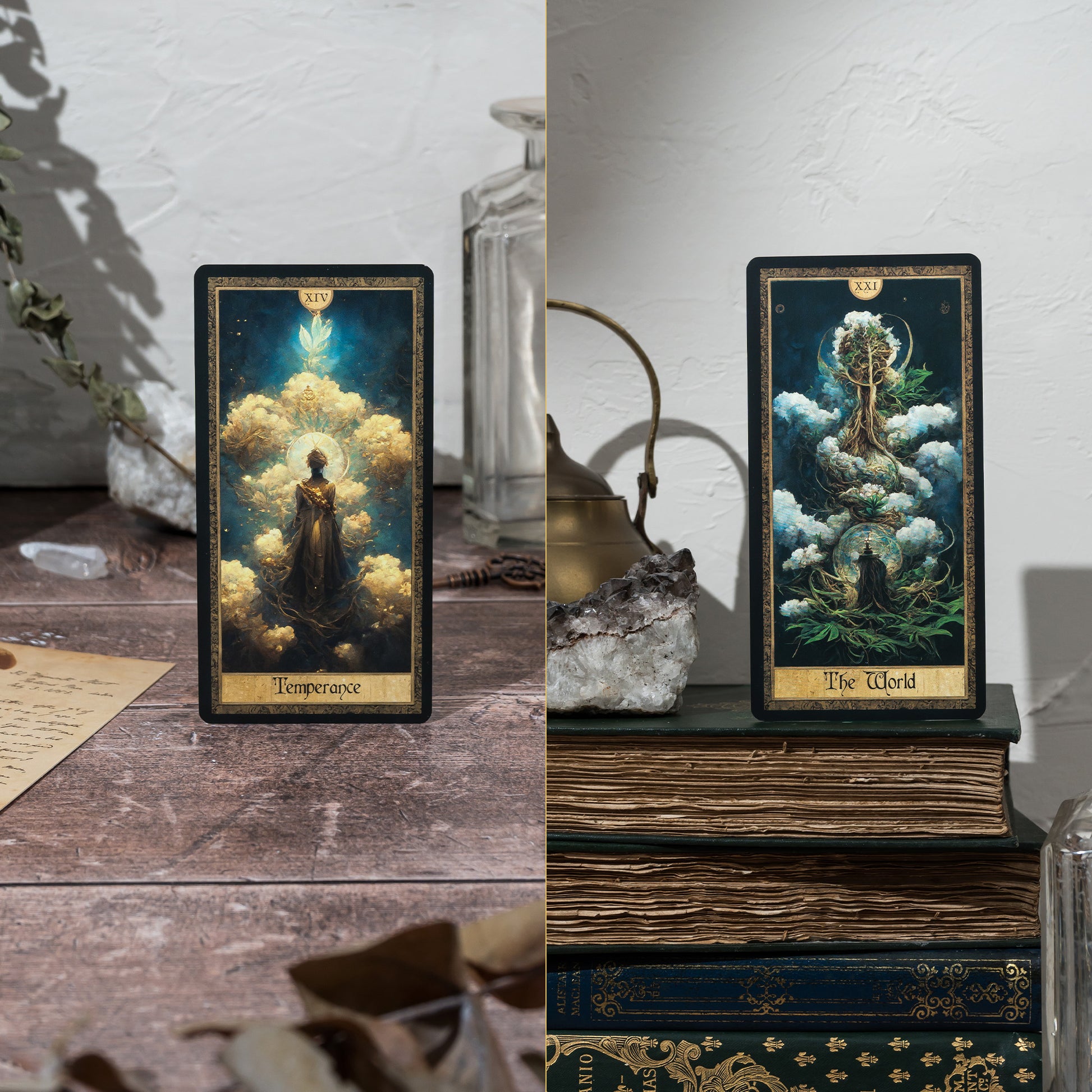 A longer-than-standard tarot deck with gold foil-edged cards showcasing intricate artwork focused on shadow work and inner healing. The cards are arranged next to an enhanced guidebook and a matching storage box.