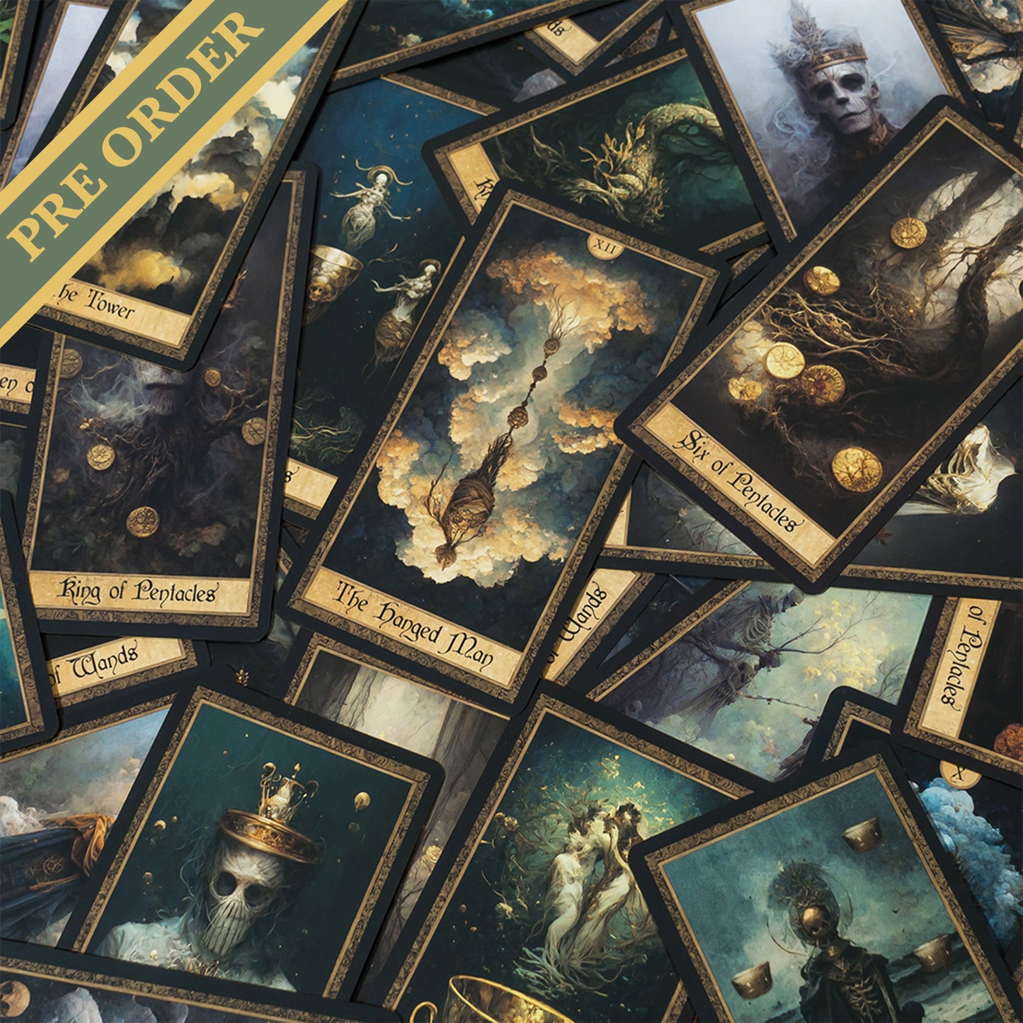 Complete spread Shadow Work Tarot Deck, showcasing 78 beautifully illustrated cards with a Victorian-era, antique look, ideal for deep spiritual insights and guidance.