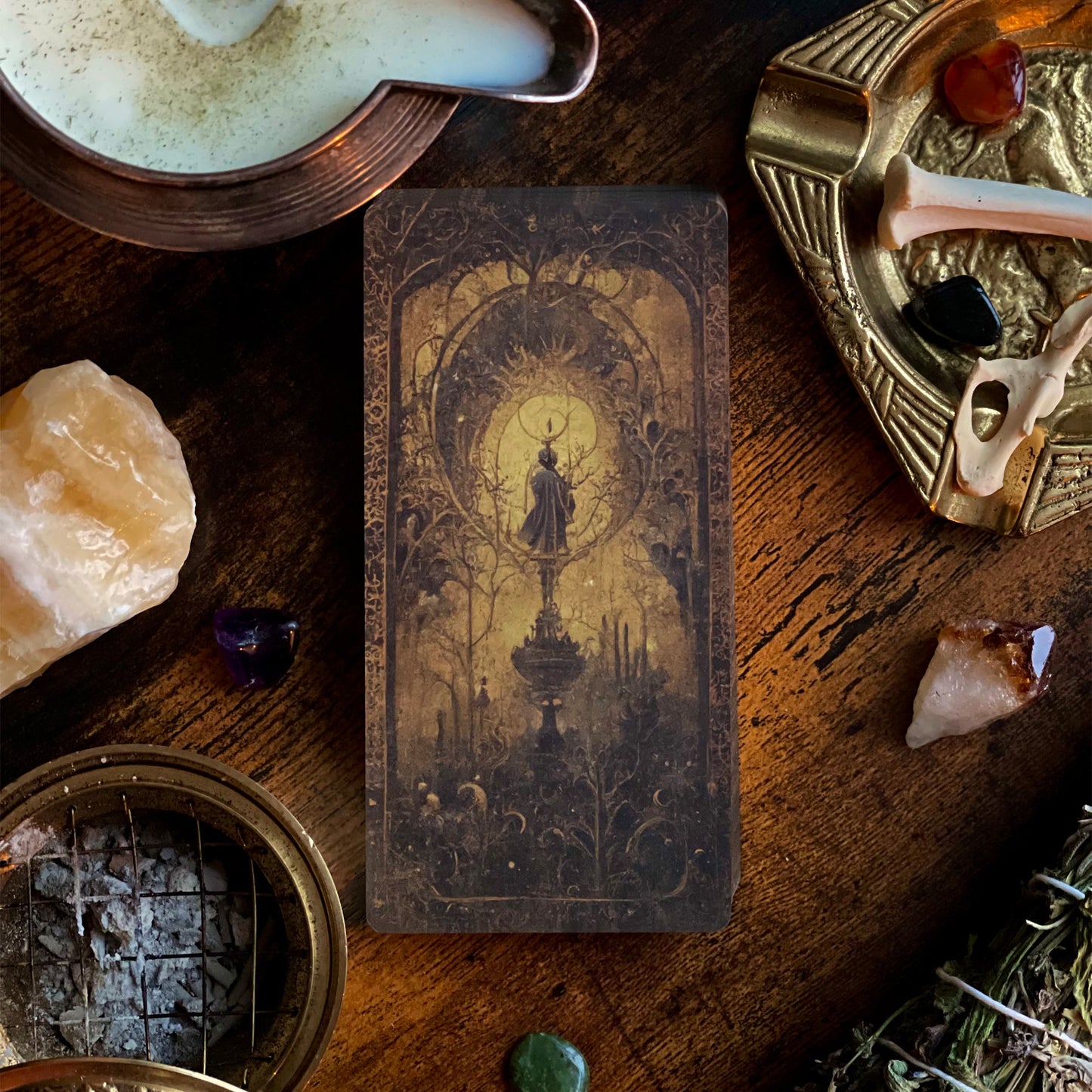 Back view of the tarot cards from the Shadow Work Tarot Deck, featuring a cohesive, antique design that complements the front artwork and adds to the deck's vintage appeal.