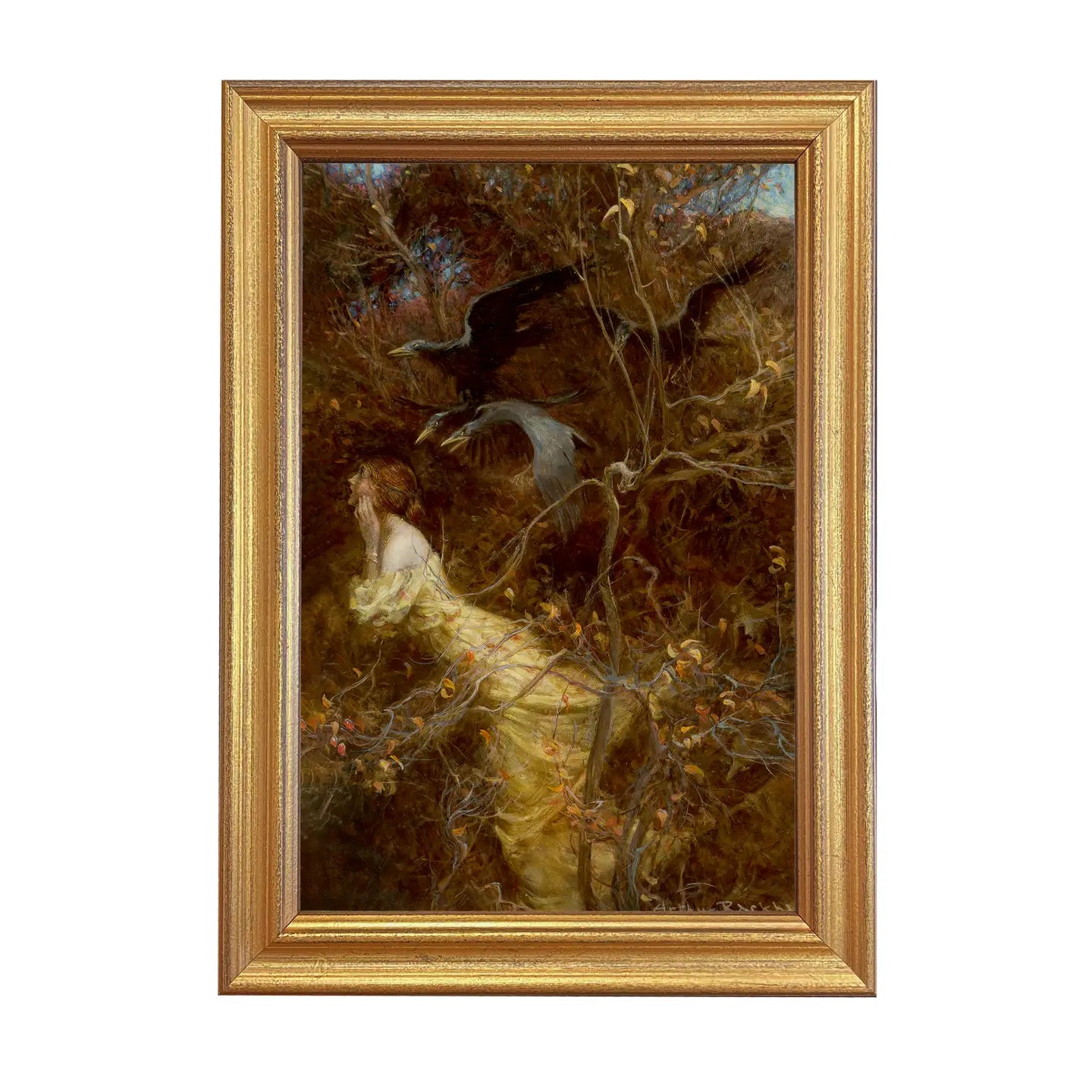 Framed print of a woman fleeing through a dark forest as ravens descend from above, illustrated by Arthur Rackham, displayed in a 1-inch antique gold wood frame behind glass.