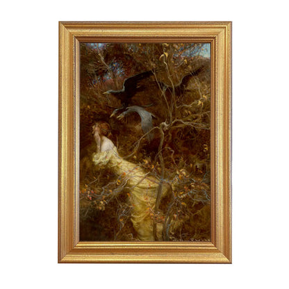 Framed print of a woman fleeing through a dark forest as ravens descend from above, illustrated by Arthur Rackham, displayed in a 1-inch antique gold wood frame behind glass.