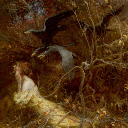 Detailed close-up of Arthur Rackham’s haunting illustration, showing a terrified woman running through the forest as black ravens circle overhead with dynamic motion and eerie detail.