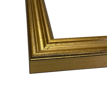 Close-up of the antique-style gold wooden frame, showing its subtle ornate detailing and the rich texture surrounding the illustrated print behind glass.