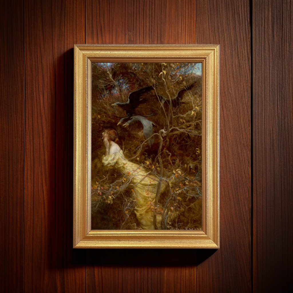 Framed print of a woman fleeing through a dark forest as ravens descend from above, illustrated by Arthur Rackham, displayed in a 1-inch antique gold wood frame behind glass.