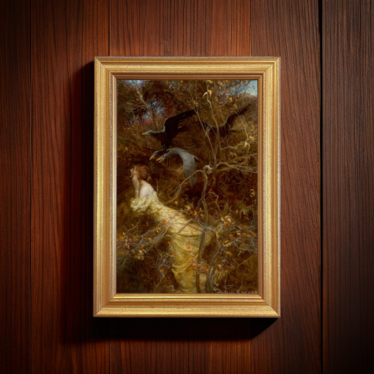 Framed print of a woman fleeing through a dark forest as ravens descend from above, illustrated by Arthur Rackham, displayed in a 1-inch antique gold wood frame behind glass.