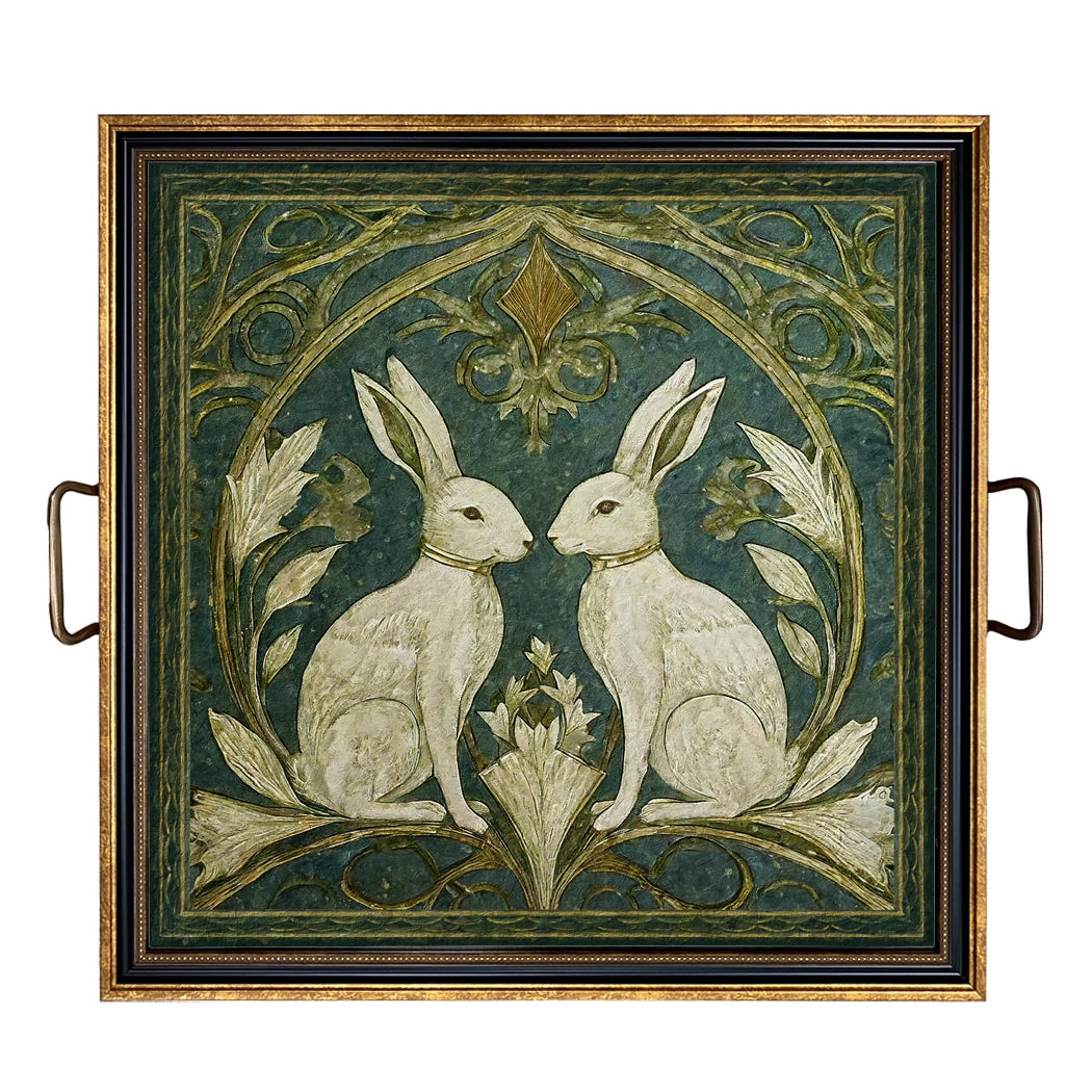 Elegant decorative tray featuring an original Two Rabbits Art Nouveau Style print inspired by Walter Crane's art nouveau swans wallpaper.