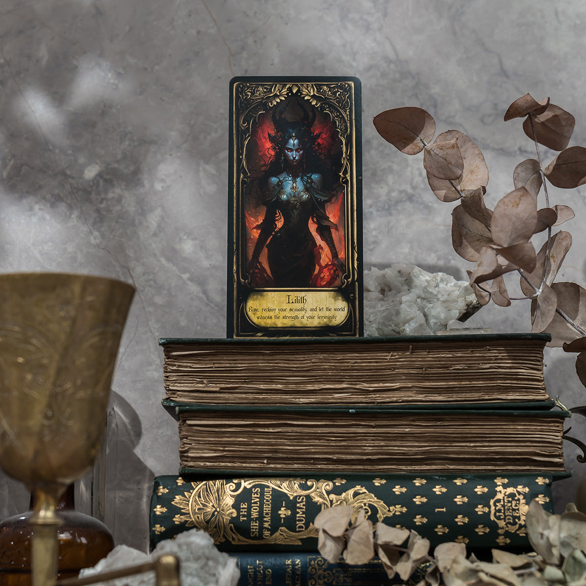 Illustration of the Lilith card from the Obsidian Veil Oracle Deck, depicting the powerful and mysterious figure with dark, intricate designs that evoke themes of independence and strength.