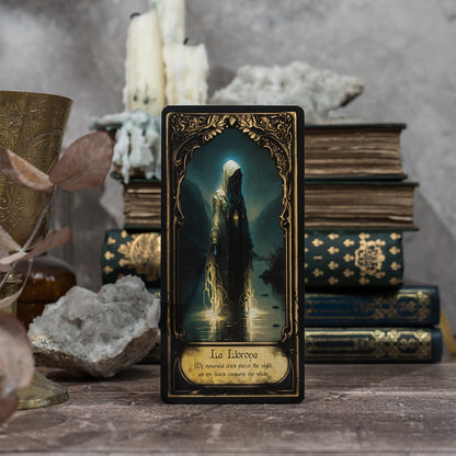 La Llorona card from the Obsidian Veil Oracle Deck, illustrating the haunting figure with evocative and eerie artwork that conveys themes of sorrow and redemption.