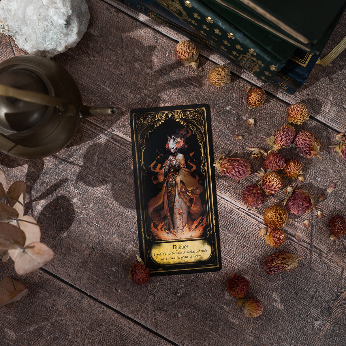 Kitsune card from the Obsidian Veil Oracle Deck, featuring the mythical fox spirit with enchanting and mysterious artwork, symbolizing wisdom and transformation.