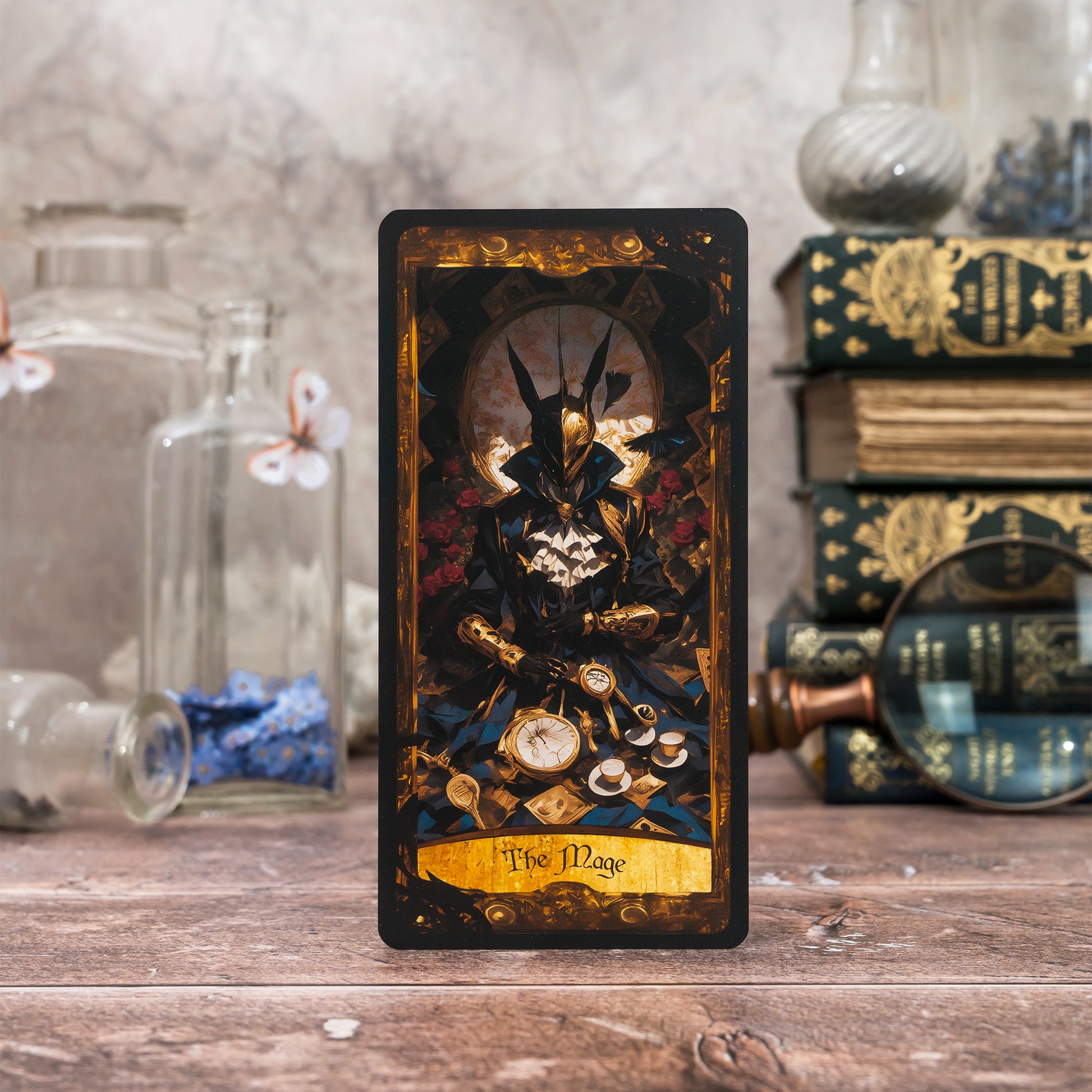 The Mage card from the Wonderland Shadows Tarot Deck, highlighting a powerful figure blending magic and mystery, inspired by Wonderland's fantastical elements.