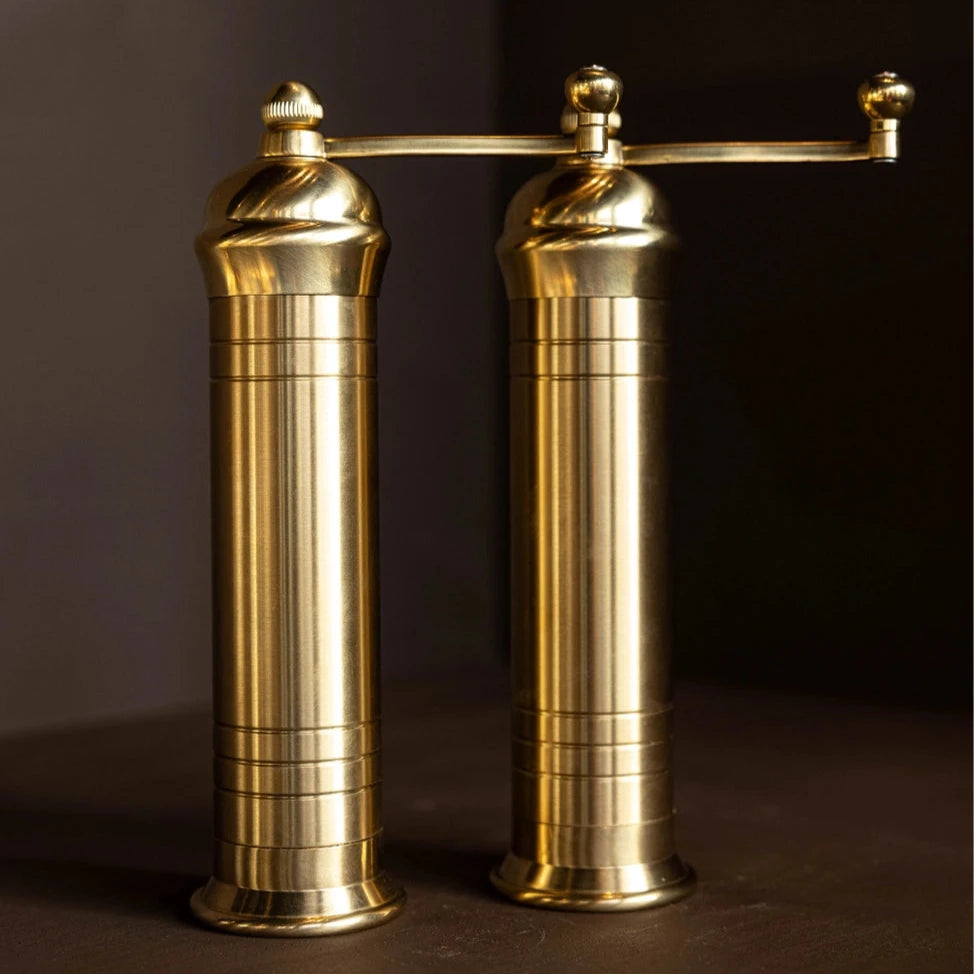 Pair of brass pepper mills on a dark background