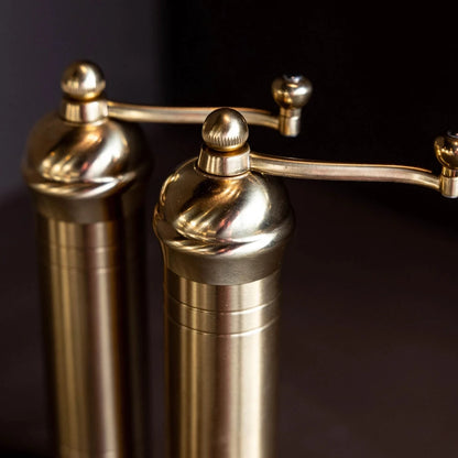 Pair of brass pepper mills on a dark background
