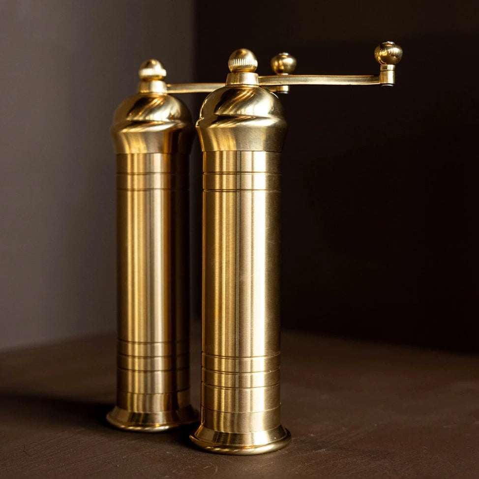 Pair of gold pepper mills on a dark surface with a dark background