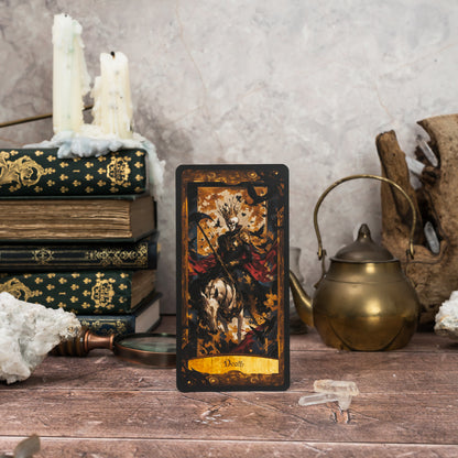 The Death card from the Wonderland Shadows Tarot Deck, illustrating a transformative scene with dark yet elegant motifs, reflecting endings and new beginnings in a Wonderland-themed setting.