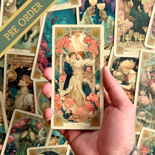Art Nouveau style The Lovers tarot card held by a hand with more cards in the background