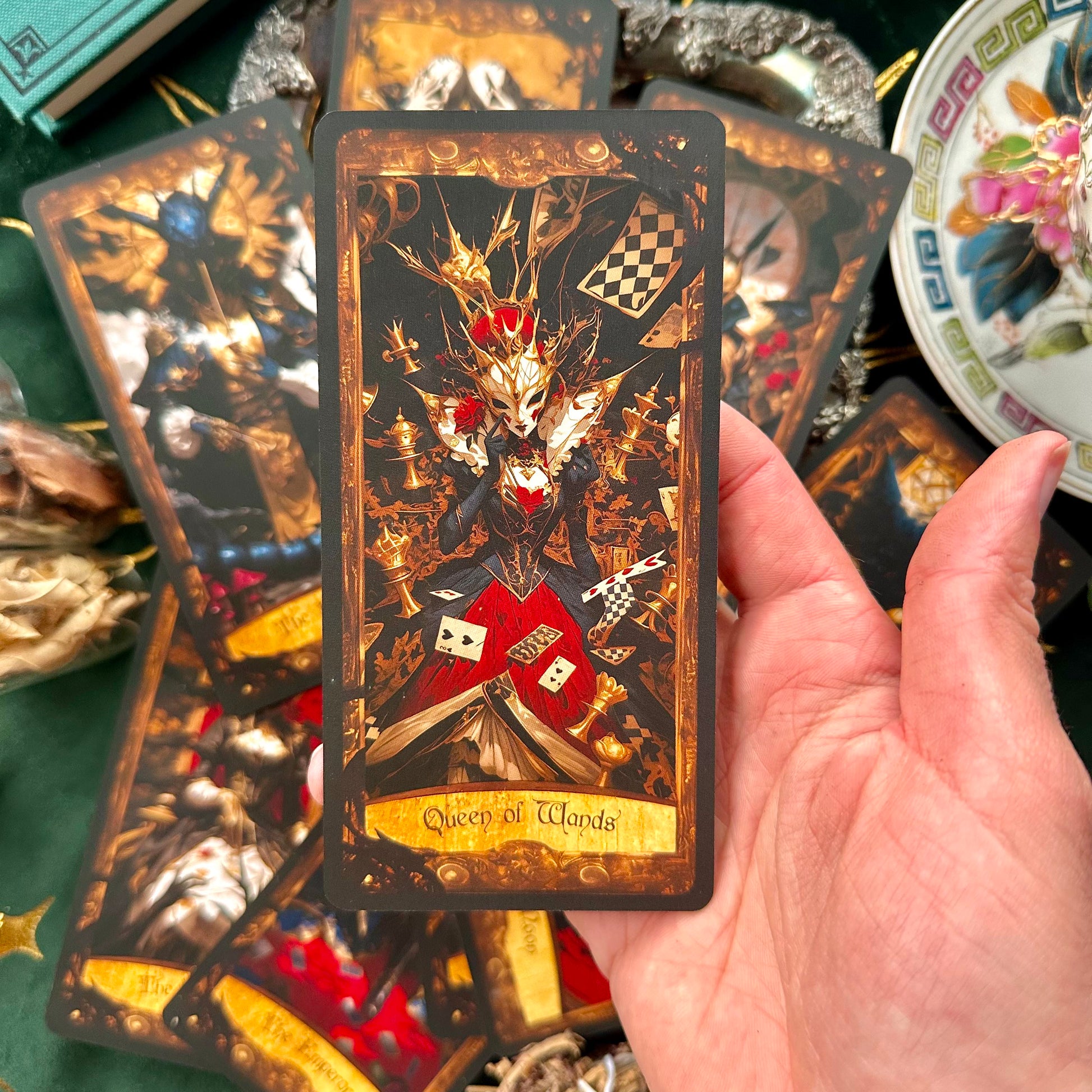 A striking tarot card showcasing the Queen of Hearts as the Queen of Wands. She holds a staff in one hand, wearing her iconic heart-themed attire, exuding power, authority, and fiery determination.