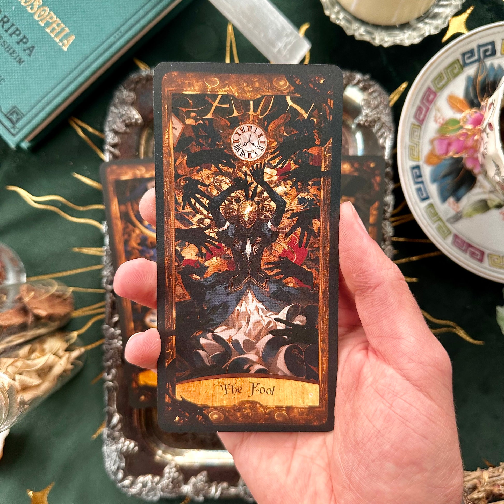 A tarot card portraying Alice as The Fool, captured mid-fall down the rabbit hole. The scene is filled with swirling objects and a sense of adventure, symbolizing new beginnings and the leap into the unknown.