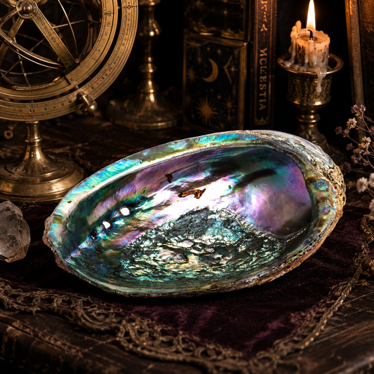 An iridescent abalone shell bowl with a shimmering blue, green, purple, and gold interior, styled on a dark velvet surface with antique books, a brass armillary sphere, a lit candle, and dried flowers.
