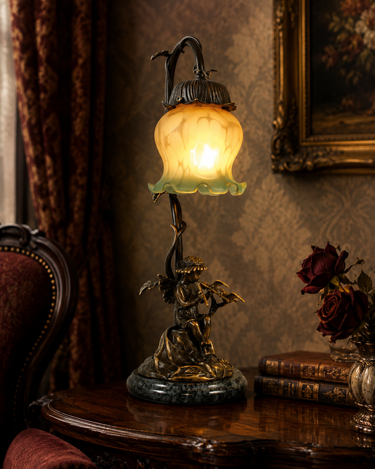 An ornate antique-style table lamp with a glowing yellow-green bell-shaped glass shade and a bronze cherub figure on a dark marble base, set on a wooden table in a vintage room.