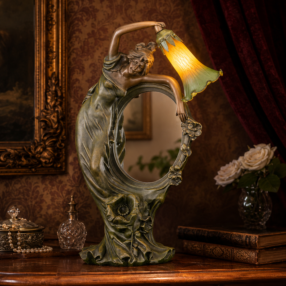 An Art Nouveau style table lamp featuring a sculpted female figure in flowing green drapery, holding a bell-shaped glowing shade. The lamp is displayed on an ornate wooden console table in a vintage room setting with wallpaper, a mirror, and a vase of flowers.