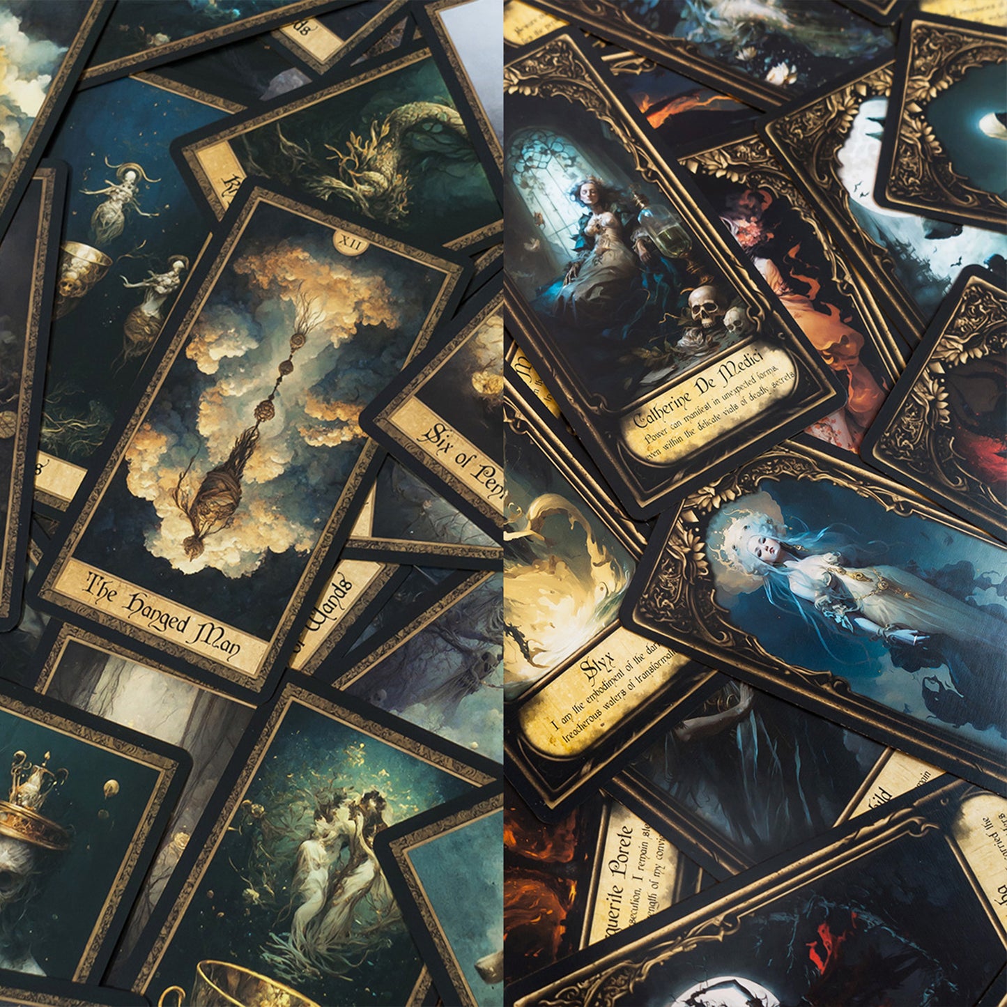 Complete spread Shadow Work Tarot Deck, showcasing 78 beautifully illustrated cards with a Victorian-era, antique look, ideal for deep spiritual insights and guidance.