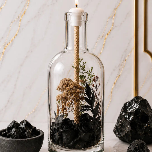 Decorative bottle with candle, plants, and black stones on a marble surface.